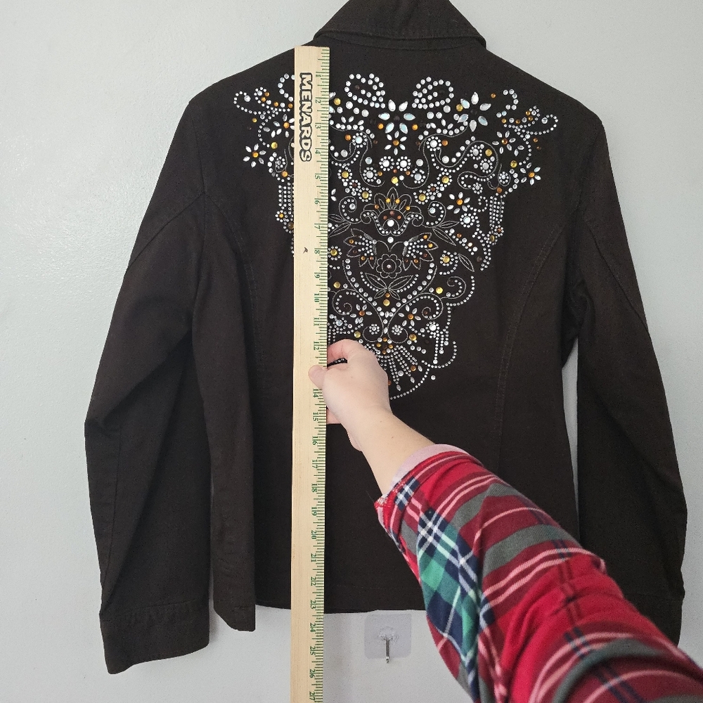 CHICOS PLATINUM Denim Jacket Brown Rhinestones Bedazzled Country Rock Sz  L - Picture 10 of 10